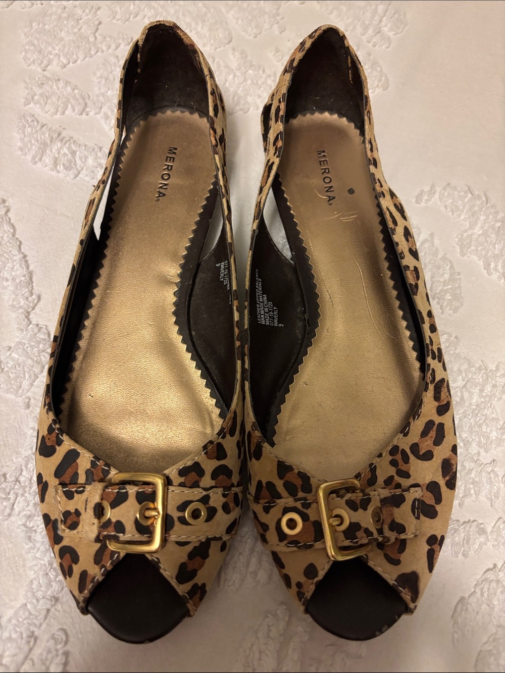 Merona Leopard Print Peep-Toe Flats with Gold Buckle Accent